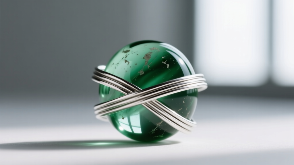 Macro shot of 20-gauge Argentium silver wire wrapping a smooth sea-tumbled green glass bead, highlighting precise loop formation.