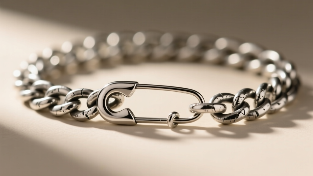 Macro shot of a 5mm sterling silver Cuban link chain with a safety pin pendant, showing detailed grunge texture on the metal links