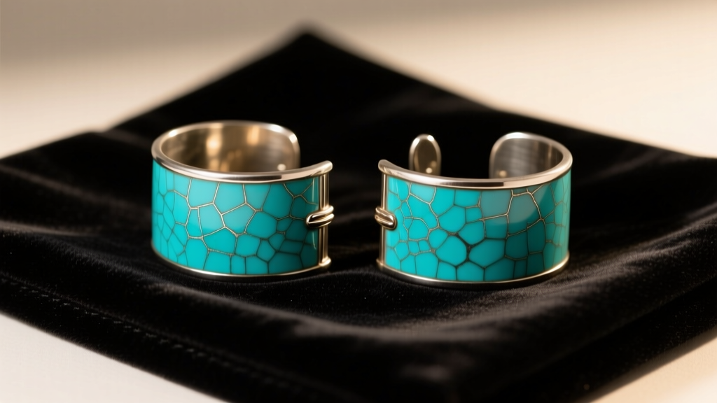 Vintage turquoise silver cuffs showing micro-crazing and prong wear on dark velvet appraisal cloth under warm studio lighting