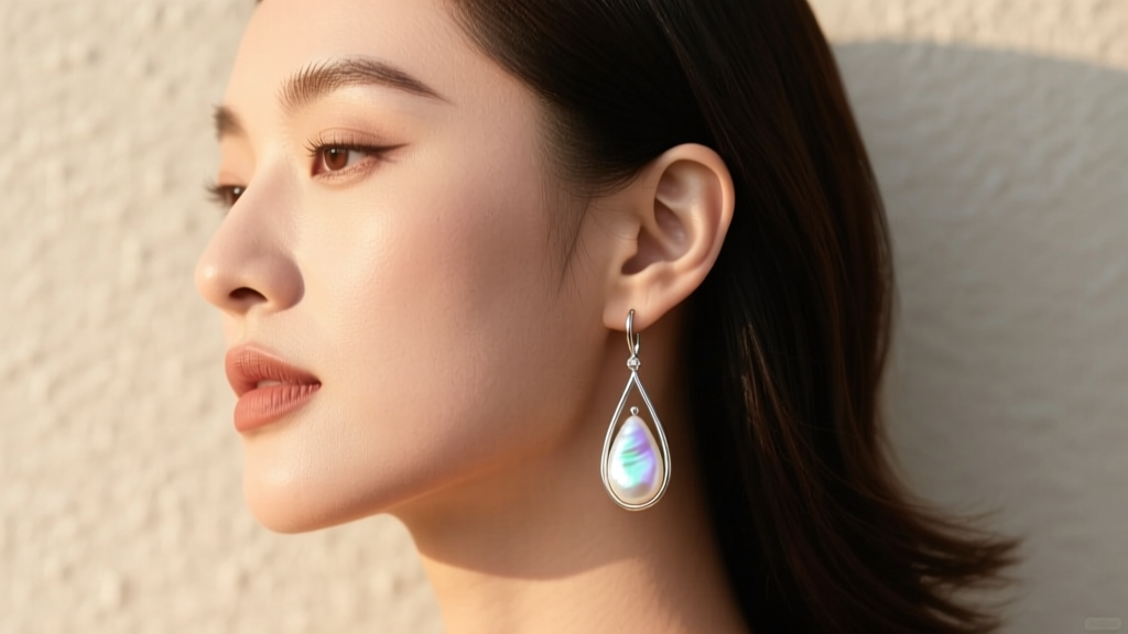 Side profile of a woman wearing 18-gauge silver threader earrings with dangling teardrop mother of pearl gems in soft light