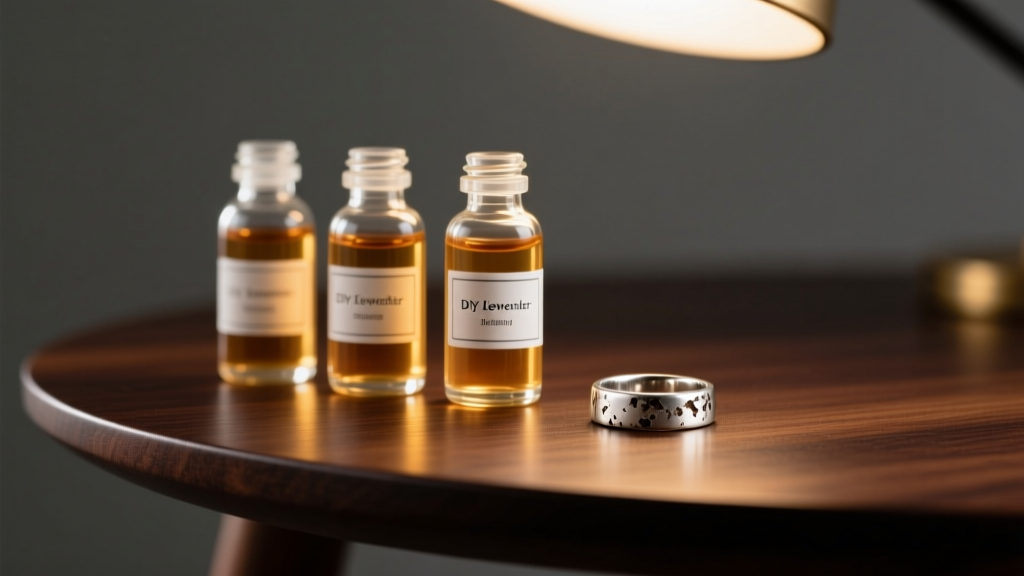 Small glass bottles of DIY jewelry cleaner beside a tarnished silver ring on a dark wood table, lit by soft warm studio lighting.