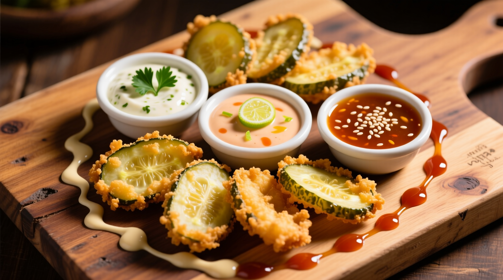 Three variations of fried pickles with dipping sauces on wooden board