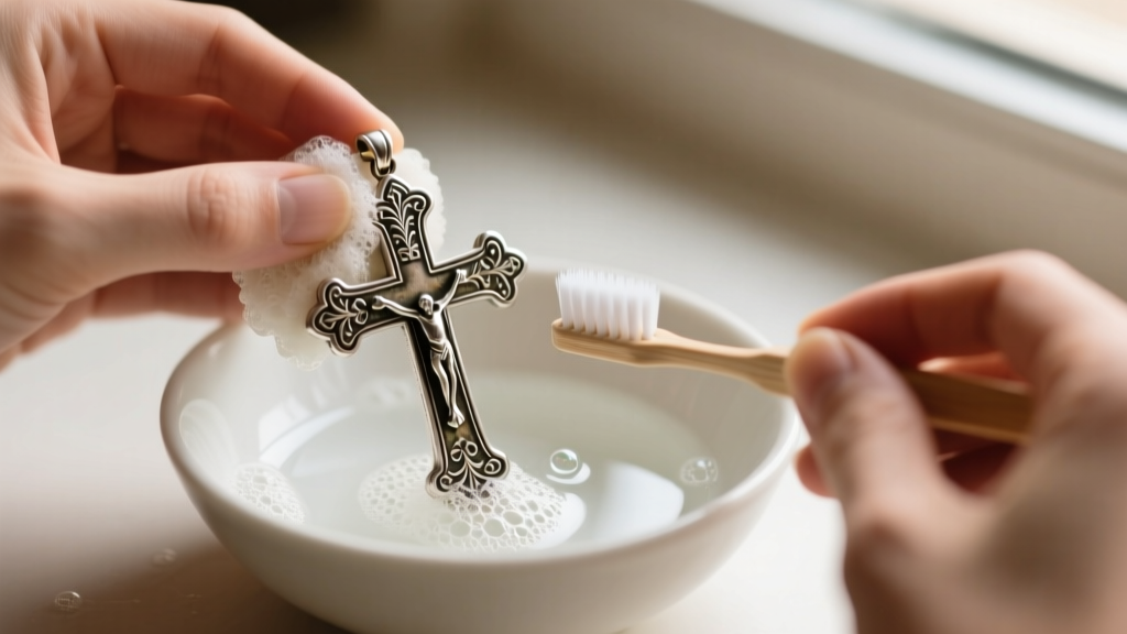 Hands gently scrubbing an antique silver cross pendant with a soft toothbrush and soapy distilled water in a white ceramic bowl.
