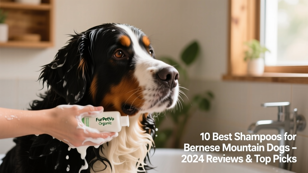 Hand lathering FurPetVo Organic Shampoo into a Bernese Mountain Dog's thick coat during bath time