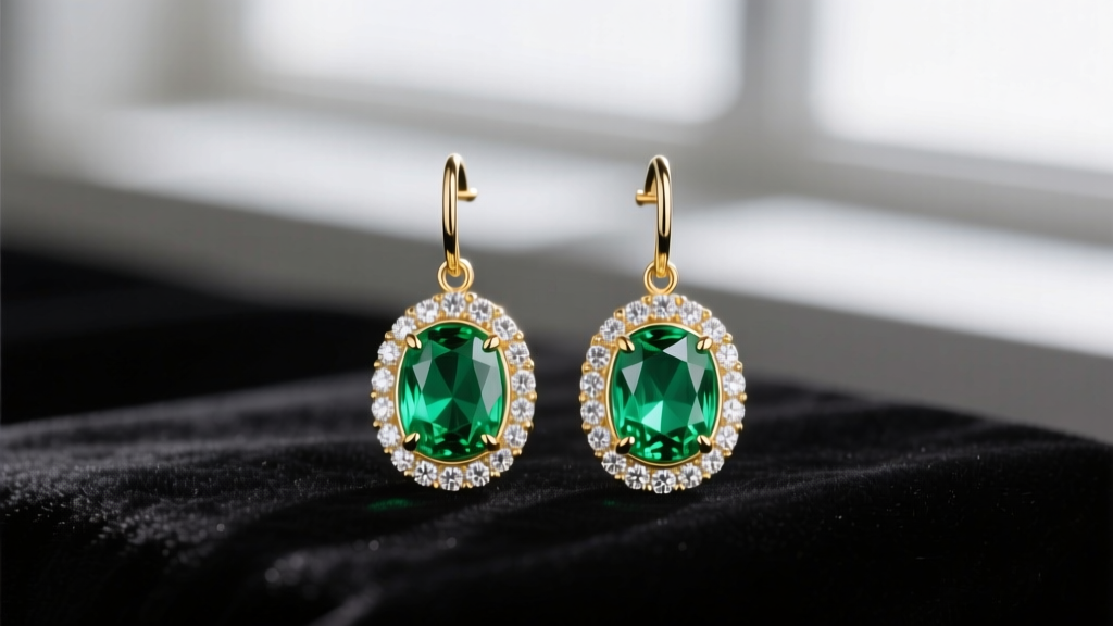 Close-up of 18k gold emerald diamond drop earrings on dark velvet, highlighting vivid green stones and sparkling diamond halos.