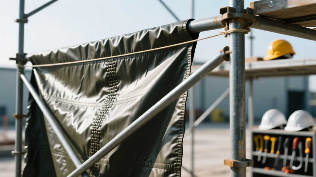 Close-up of heavy-duty polyurethane-coated waterproof ripstop nylon material being tensioned over a temporary construction scaffolding enclosure frame