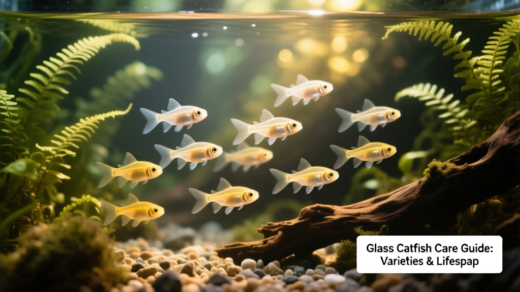 A small school of glass catfish swimming together in a well-planted freshwater aquarium with soft lighting