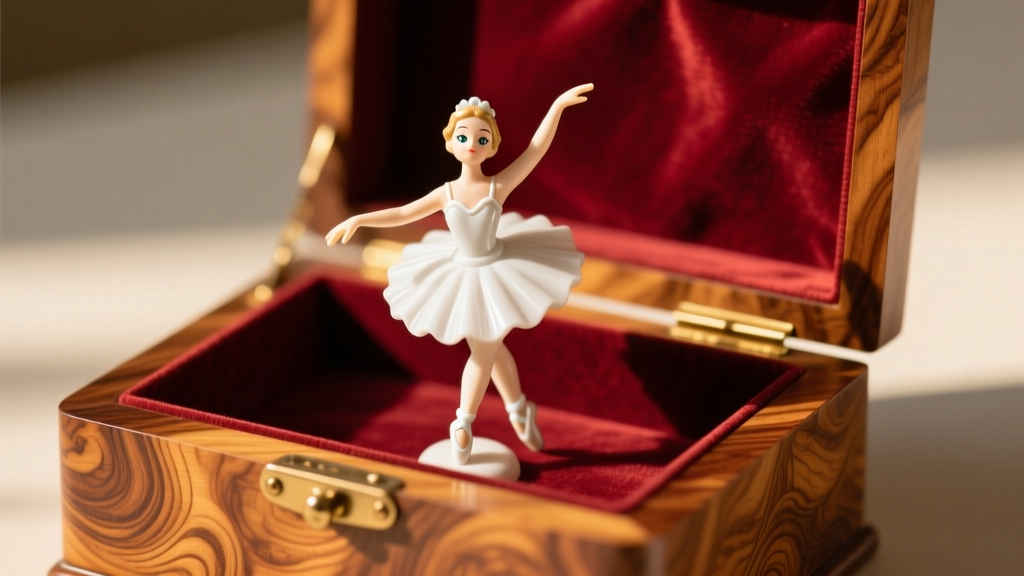 Closeup of a vintage 1950s burl wood musical jewelry box open, revealing a pristine white velvet ballerina figurine mid-pirouette.