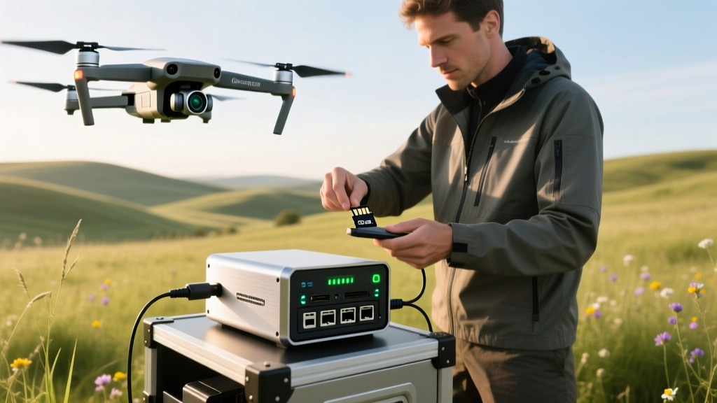 Drone pilot inserting a microSD card into a wireless SSD connected to a custom NAS gadget cloud setup in a field studio.