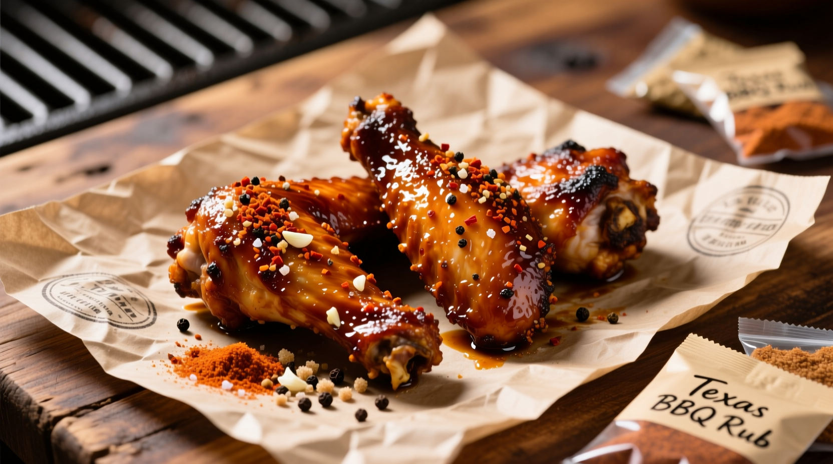 Smoked turkey wings on butcher paper with rub ingredients