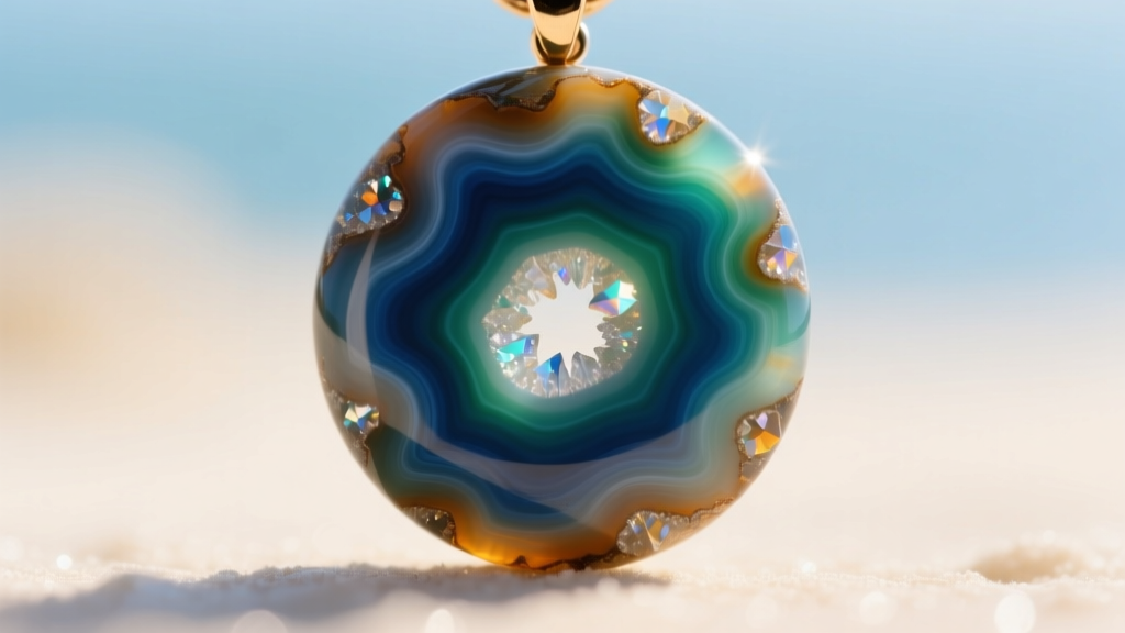 Macro close-up of authentic ocean jasper pendant revealing distinct orbicular patterns and natural druzy pockets in bright sunlight