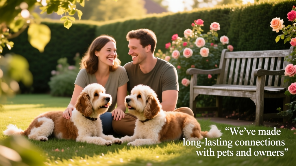 Jess and Tom smiling beside two friendly Cockapoos in a sunlit garden