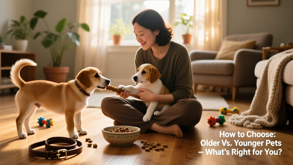 A person sitting on the floor gently holding a puppy’s paw while another holds out a chew toy; background shows training treats and a leash