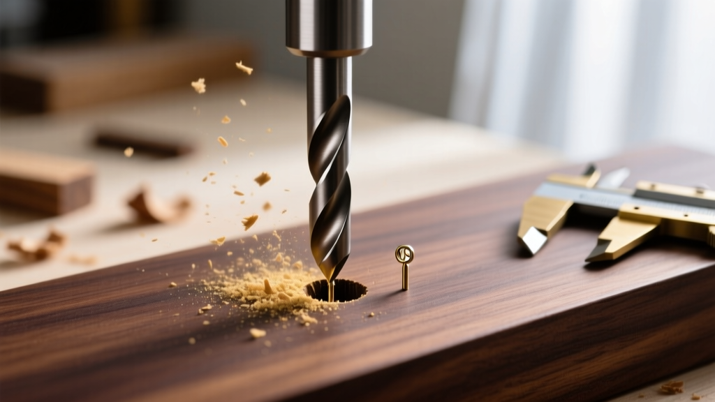 Close-up of a micro drill bit creating a precise hole in walnut wood for 18-gauge earring posts, scattered sawdust, macro lens.