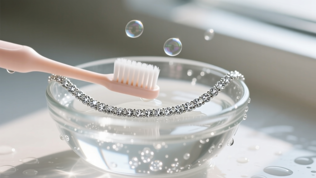 A soft baby toothbrush gently scrubbing a delicate sterling silver pavé diamond chain in a small glass bowl of soapy distilled water.
