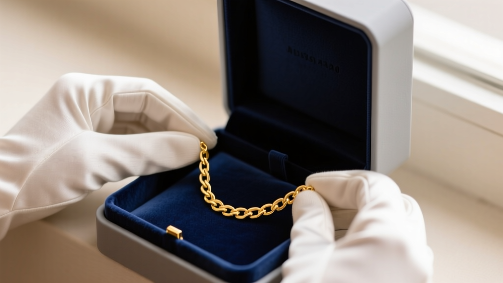 Hands in cotton gloves placing a delicate 22k gold chain necklace into a velvet-lined individual jewelry compartment box