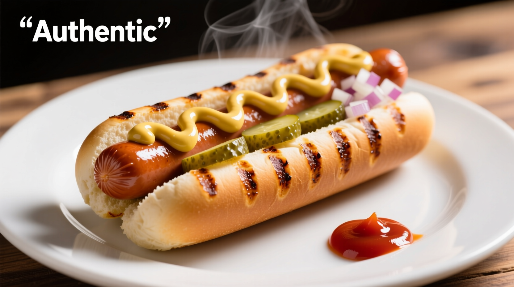 Perfectly cooked hot dogs on white plate with condiments