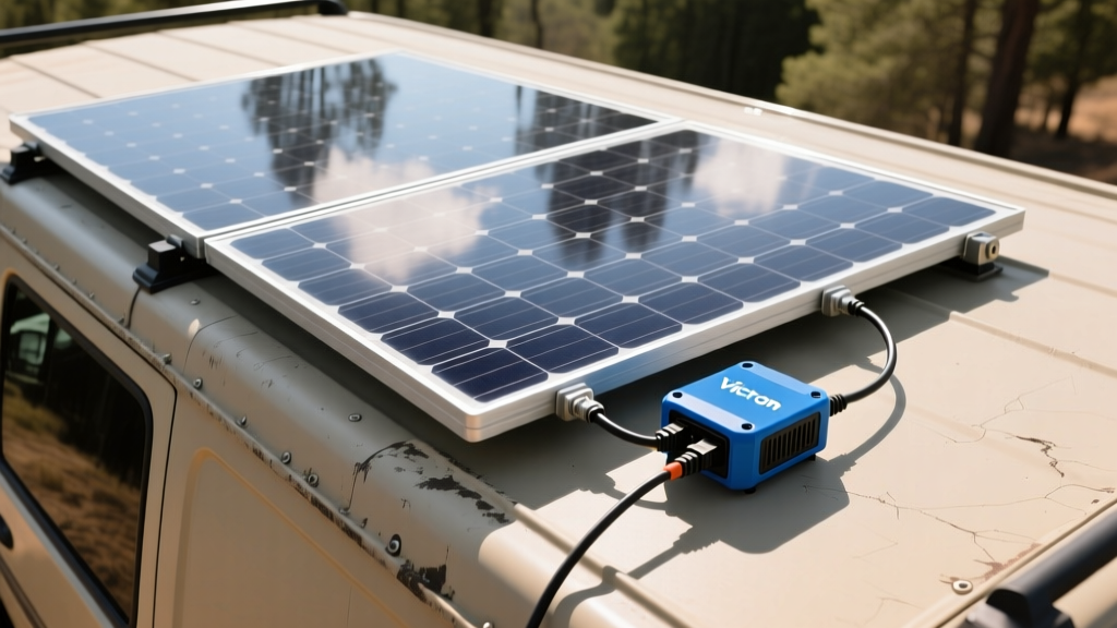 Overhead shot of a semi-flexible monocrystalline solar panel connected to a blue Victron MPPT charge controller on the roof of an overland van