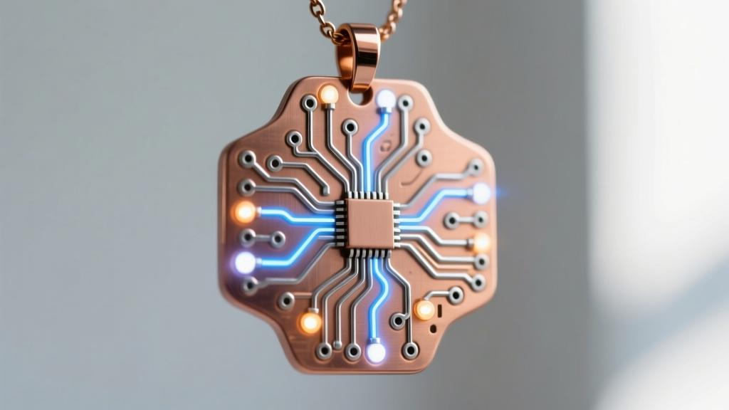 Macro shot of a custom circuit-board pendant using conductive silver paint for jewelry to trace an LED pathway on a copper base