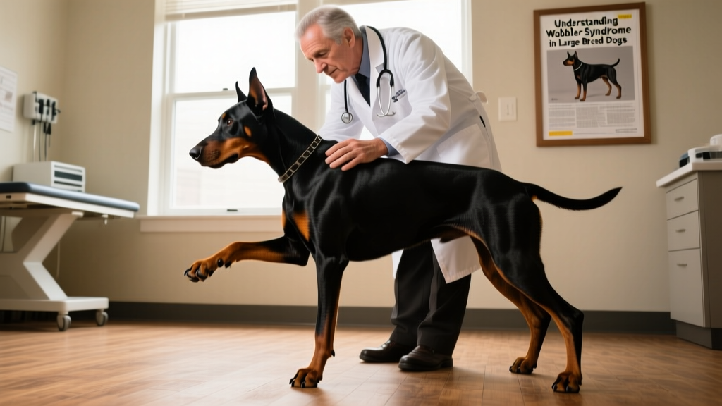 Veterinarian performing a neurological exam on a Doberman Pinscher, checking limb reflexes and coordination