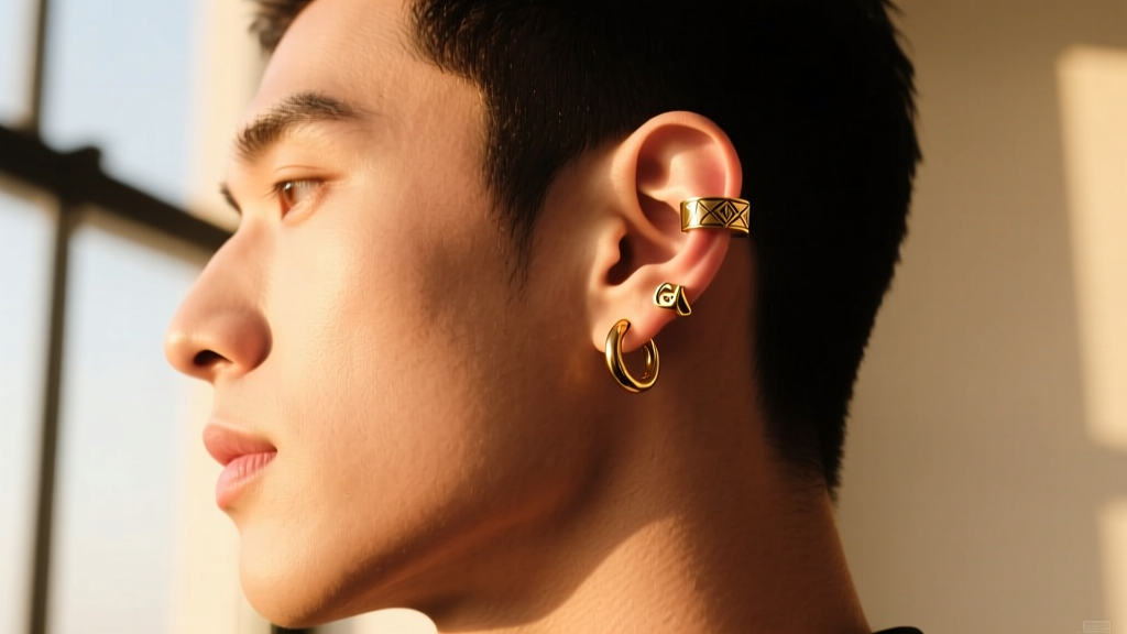 Side profile of a man with a curated ear, showing a 14k gold tragus stud, 18g lobe hoop, and helix cuff in warm natural sunlight.