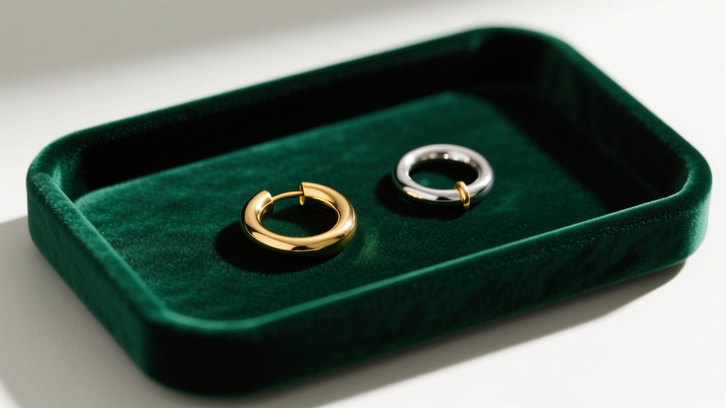 Close-up of dark green anti-tarnish velvet jewelry tray holding small gold huggie hoops and medium sterling silver clicker hoops