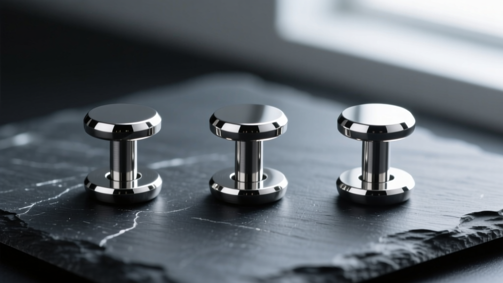 Three ASTM F-136 implant-grade titanium flat back labret studs arranged on a dark slate surface, showing mirror-polished finishes.