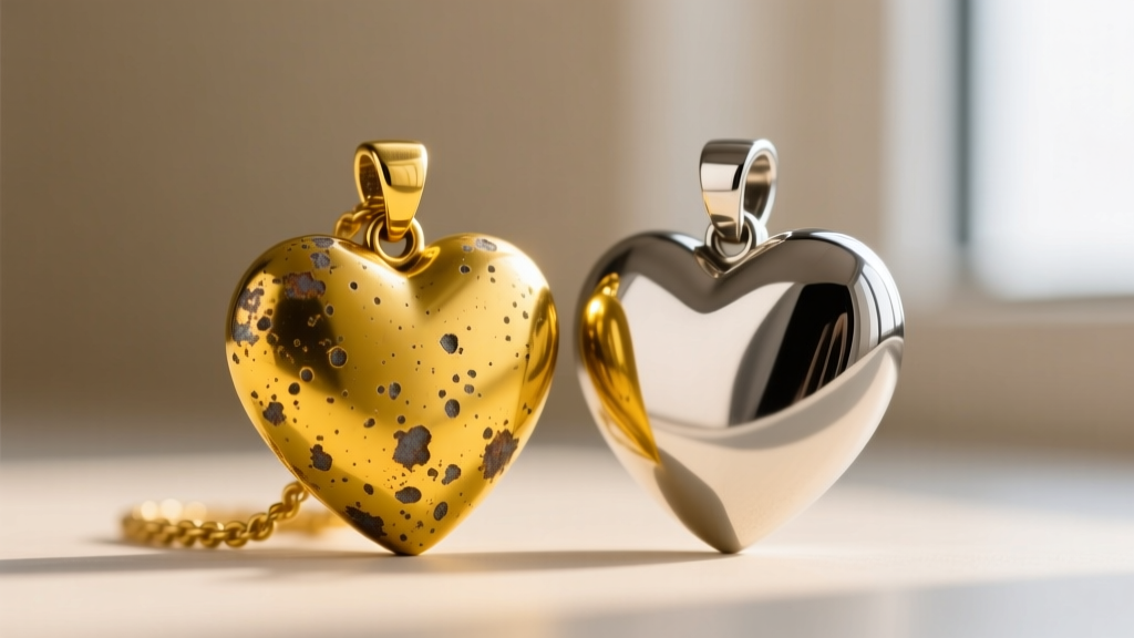 Macro view of a tarnished zinc alloy yellow heart pendant next to polished stainless steel, showing surface pitting.