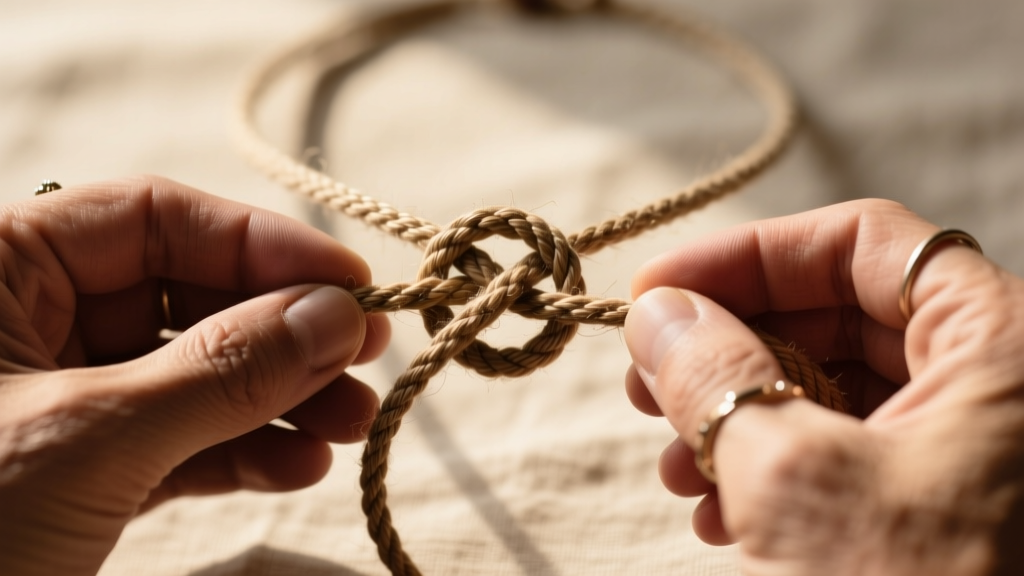 Artisan hands tying a sliding square knot on a waxed hemp twine necklace, highlighting tension and structural overlap of the cord