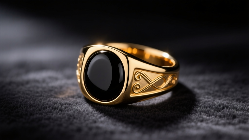 Macro shot of a 14k yellow gold pinky signet ring with black onyx, resting on dark velvet under moody studio lighting.