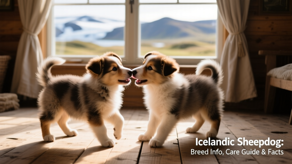 Two Icelandic Sheepdog puppies playing together on a sunlit wooden floor, one gently nipping the other’s ear in playful interaction