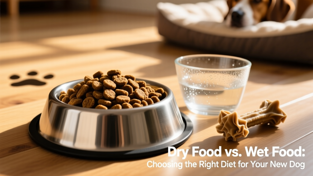 Close-up of high-quality kibble in a stainless steel bowl beside a water bowl and dental chew