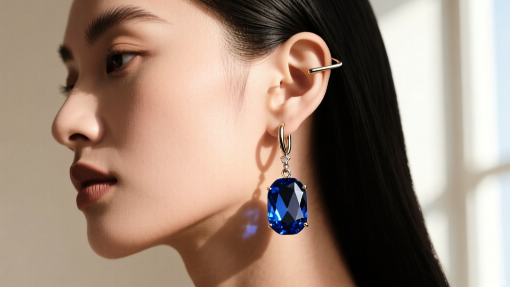 Side profile of a model wearing a heavy gemstone drop on an 18-gauge titanium french wire, demonstrating proper earlobe support.