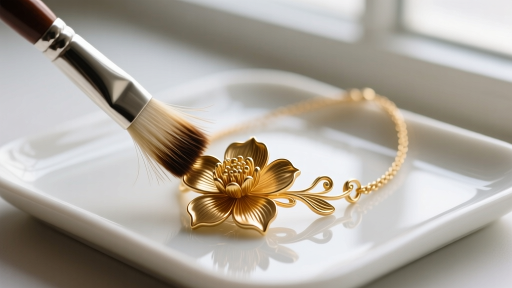 Close-up of a horsehair brush cleaning the crevices of a gold-plated spinning flower necklace over a white ceramic tray