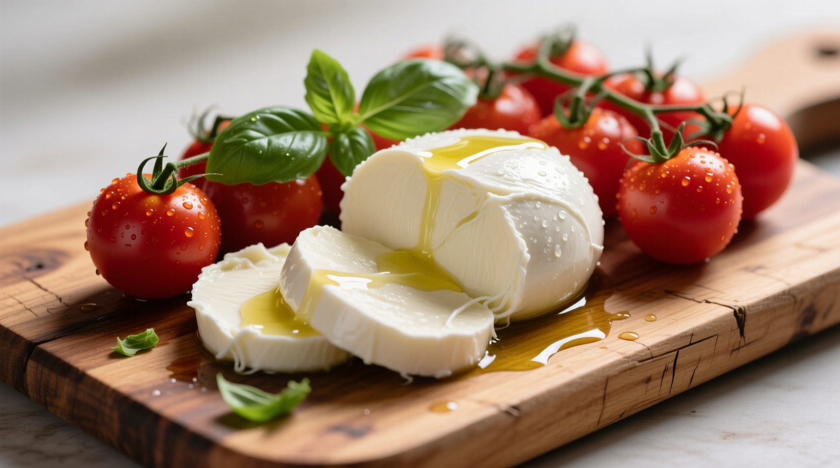 Fresh mozzarella tomato appetizer on wooden board