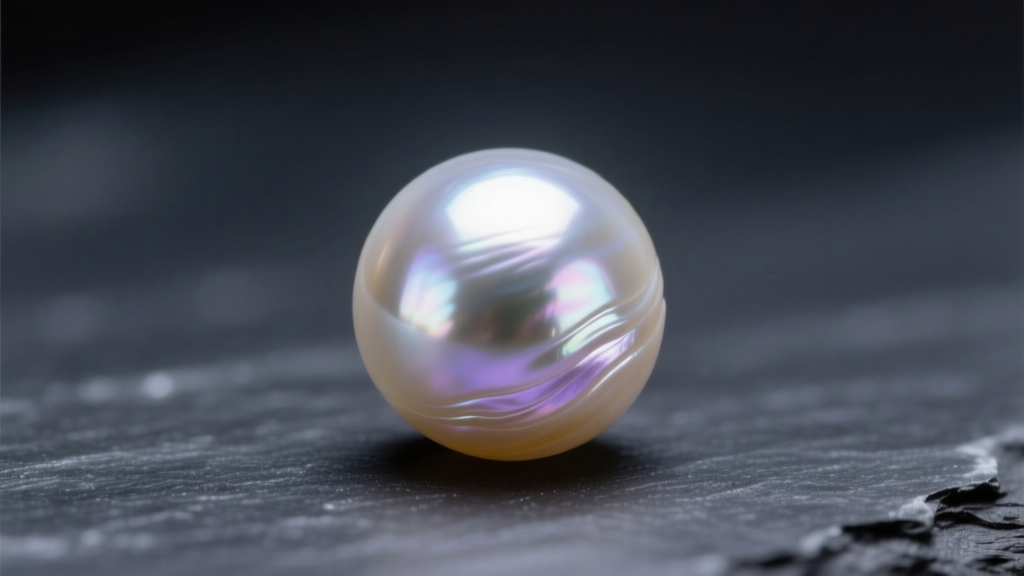 Macro close-up of a 10mm freshwater pearl showing thick nacre and mirror luster against dark slate in professional studio lighting.