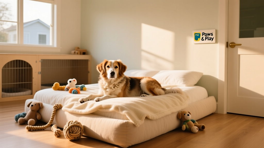 A calm, relaxed dog resting on a cozy bed in a quiet, sunlit kennel suite with soft blankets and toys