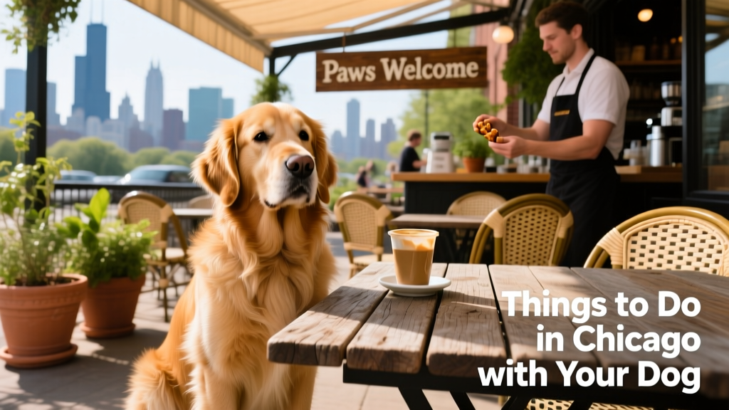 A golden retriever sits calmly beside a table at a sunny, dog-friendly Chicago cafe with outdoor seating and potted plants