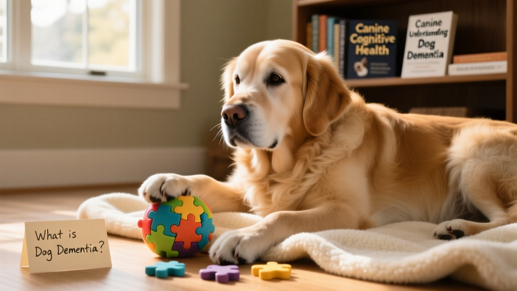 Senior dog enjoying a quiet moment with a puzzle toy and soft blanket nearby