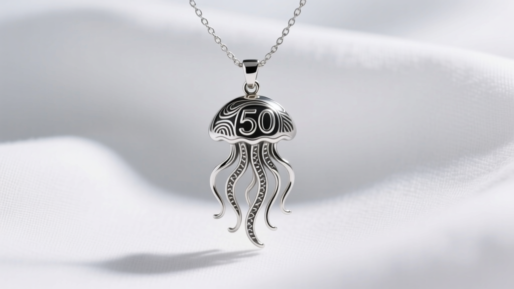 Layered Uno de 50 jellyfish pendant with a delicate silver chain, highlighting textured metalwork against a crisp white linen top