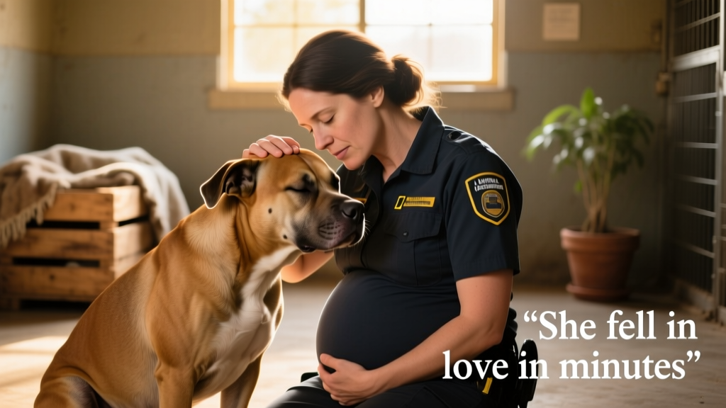 A rescuer gently resting her hand on the head of a pregnant pit bull who leans into the touch, both calm and focused