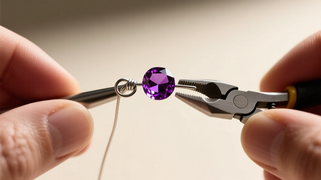 Close-up of hands using round-nose pliers to form a wrapped loop on a 22-gauge silver headpin with a faceted amethyst bead.