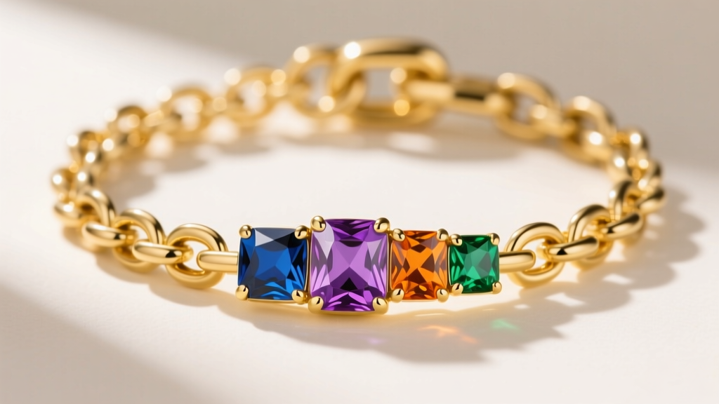 Close-up of a sturdy 14k yellow gold box chain with a secure lobster clasp holding a multi-stone family birthstone pendant.