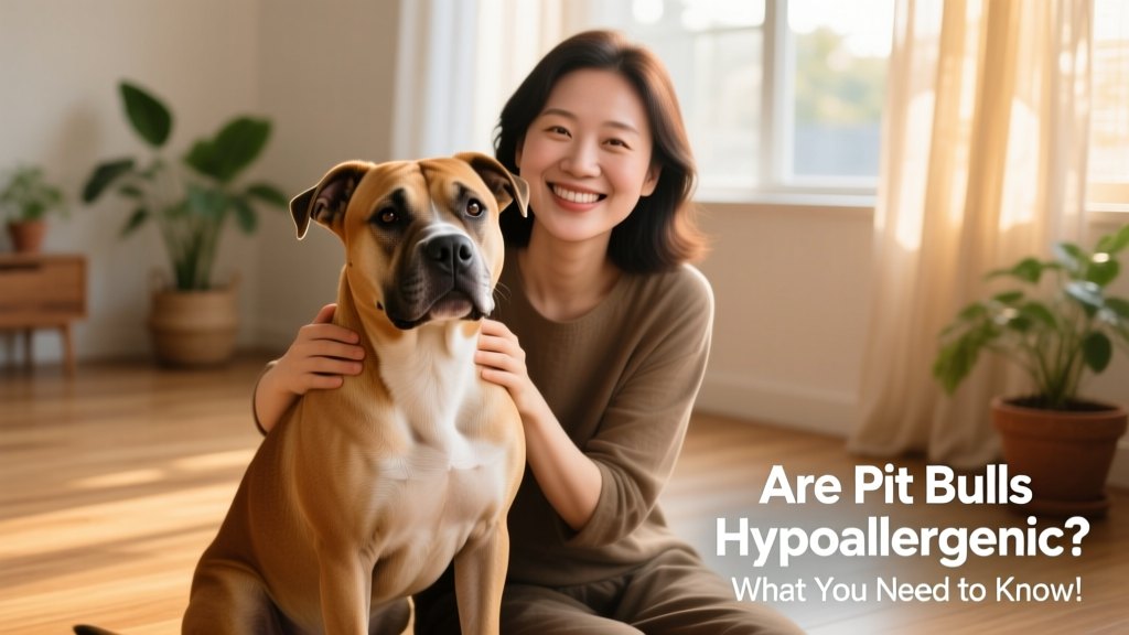 A friendly, well-groomed Pitbull sitting calmly beside a person with a gentle smile