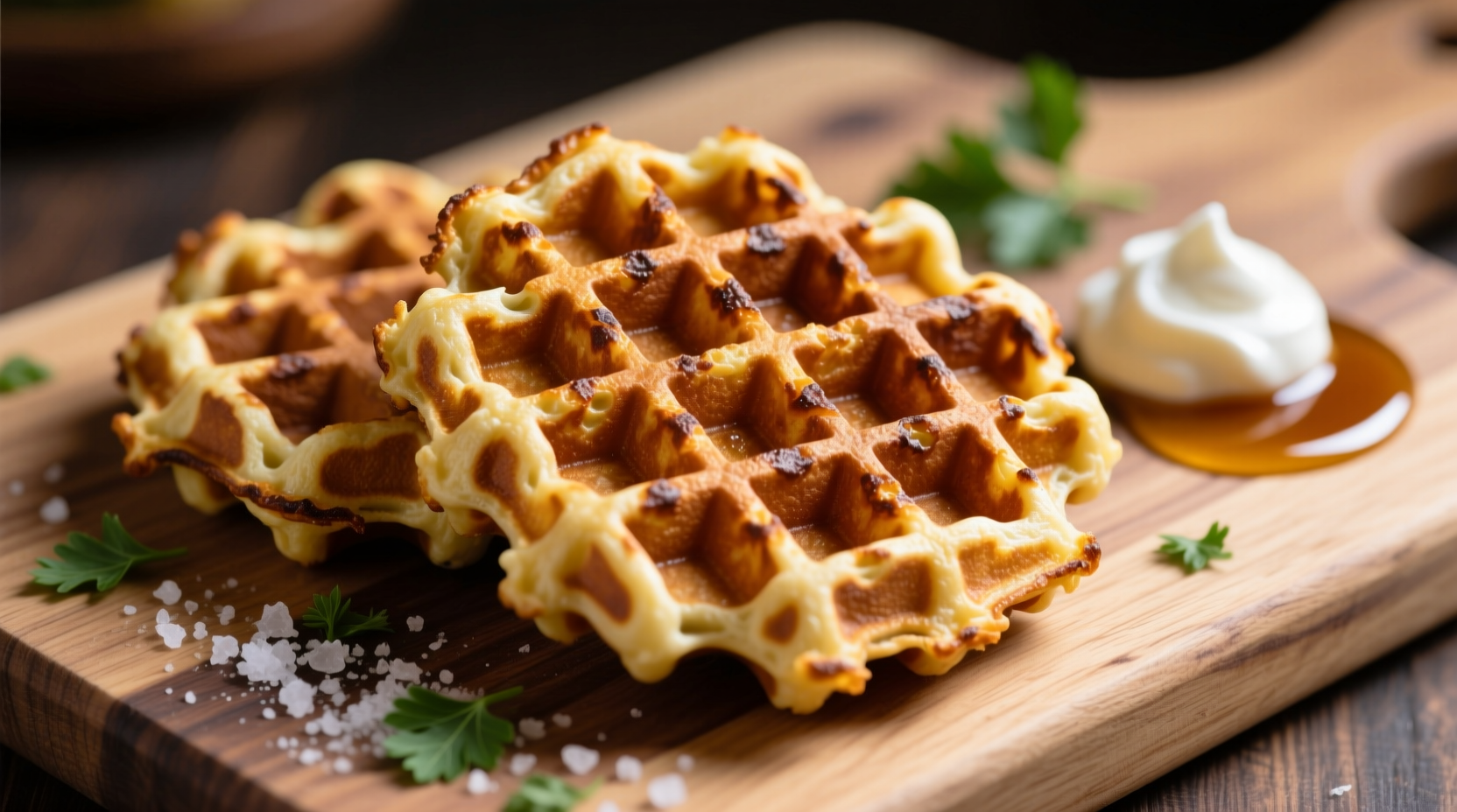 Golden brown mashed potato waffles with crispy edges