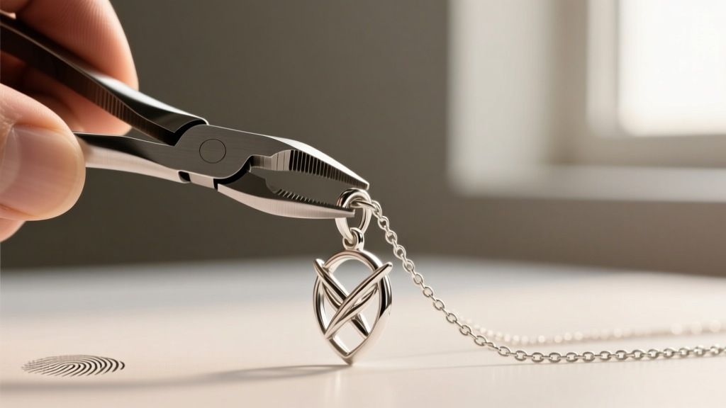 Macro shot of jeweler pliers bending a 20-gauge sterling silver jump ring to reattach an Evenstar pendant bail to a silver chain.