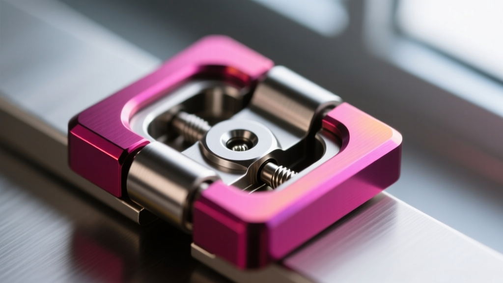 Macro view of a 14g titanium segment ring hinge, revealing the internal pin and a vibrant magenta anodized oxide layer finish