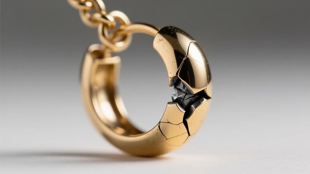 Macro shot of a broken brass jump ring on a plated ball chain earring, showing dark base metal exposed at the tiny fracture point.
