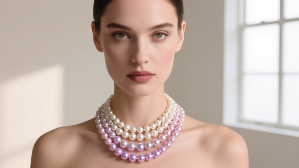 Multi-strand freshwater pearl queen's necklace on dark velvet, showcasing an ornate gold clasp and a regal, high-collar style.