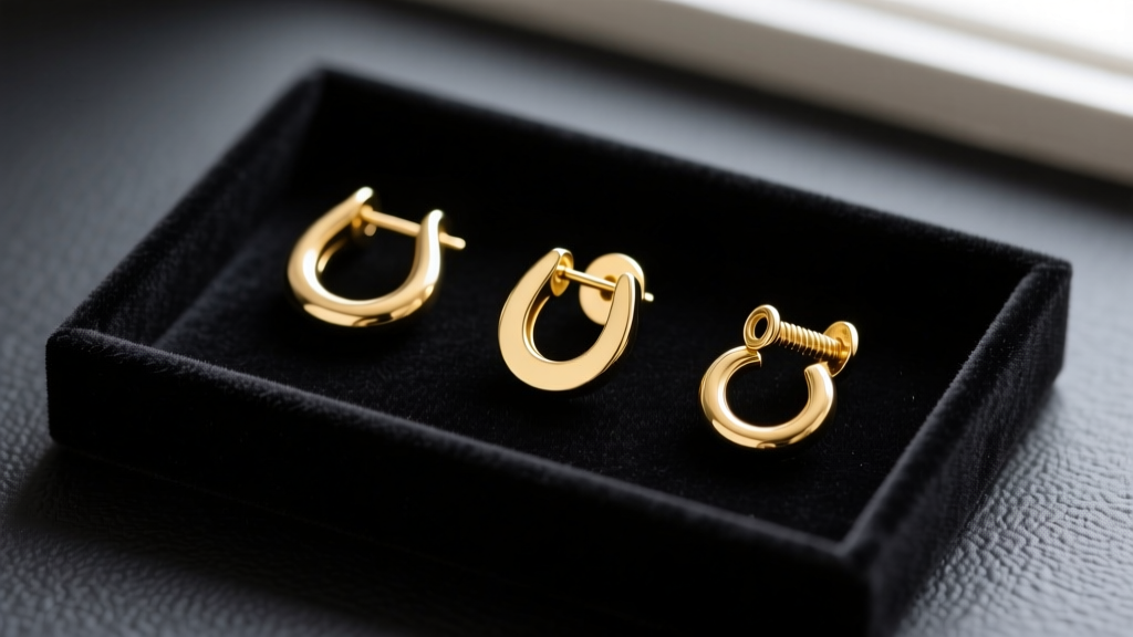 Overhead shot of gold earring clasps, including an omega-back, saddleback, and screw-back, laid out on a dark jeweler's felt pad.